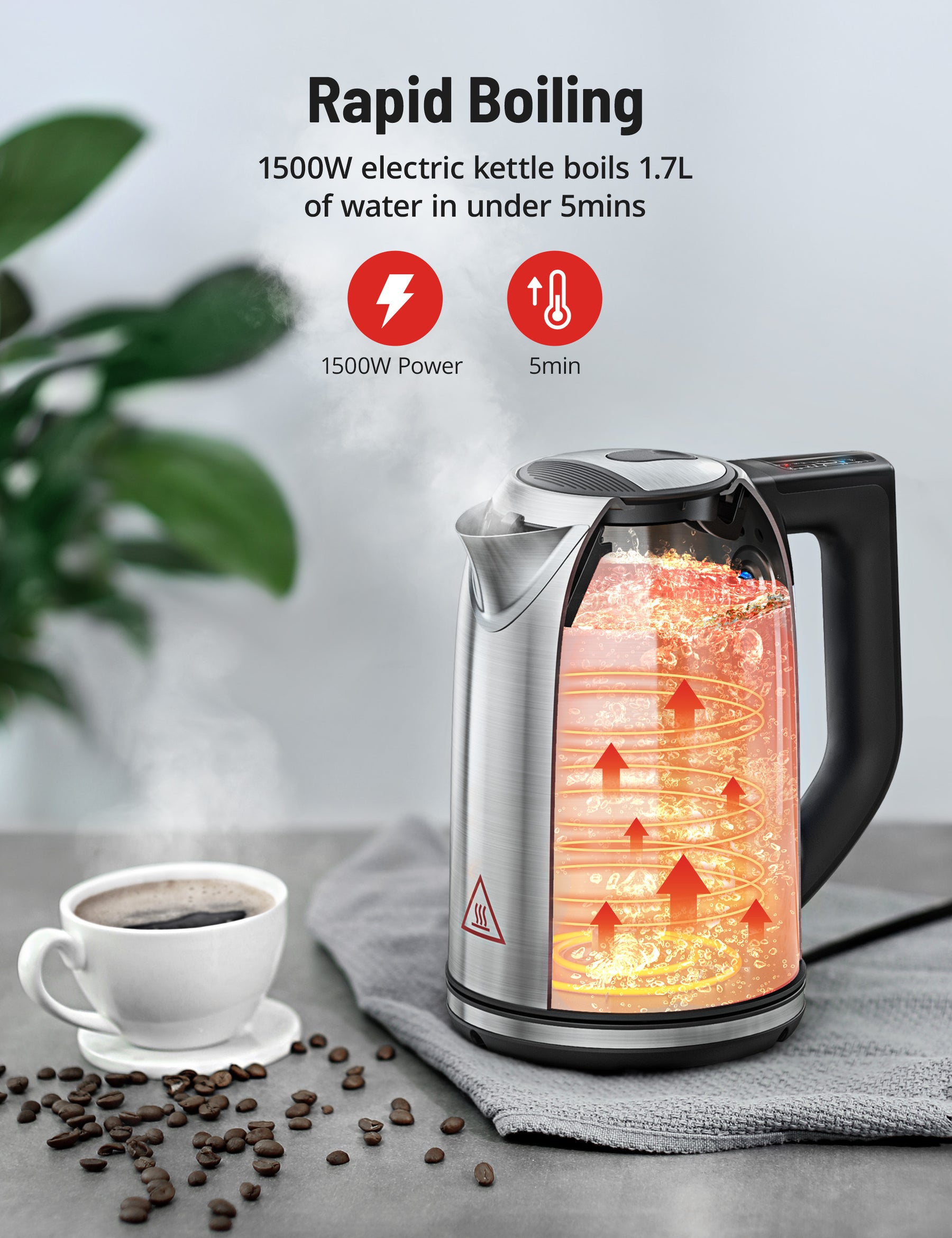 Electric Kettle with Variable Temperature Control, 1500W 2L Glass