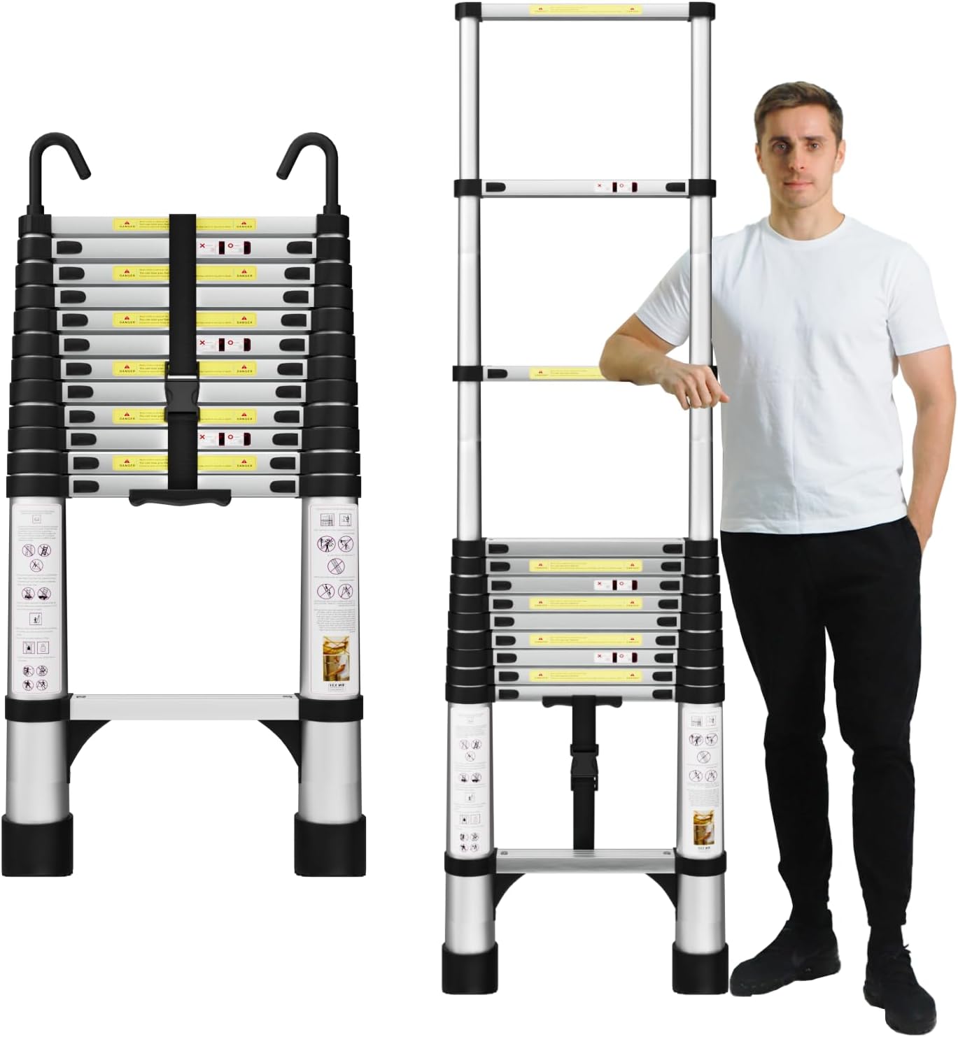 EvaStar Home 12.5FT Telescoping Ladder, Aluminum Lightweight Extension Ladder w/Hooks & Stabilizers, 330lbs Capacity Collapsible Ladders, Telescopic Ladder for Home, Outdoor, RV