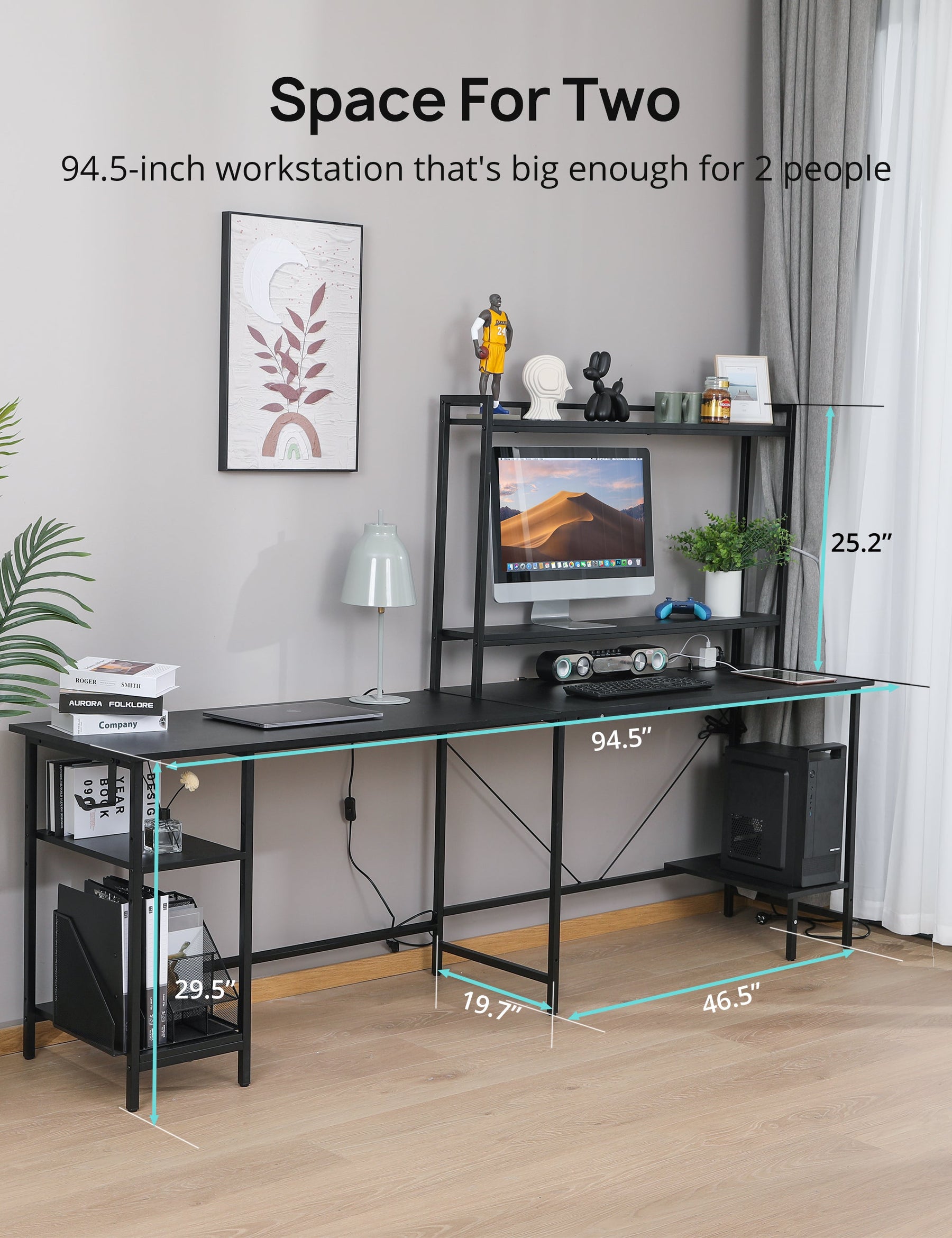94.5 Home Office Desks, Computer Gaming Desk with Storage, LED Lights,  Power Strip with USB, Keyboard Tray & Monitor Stand, Extra Long Double Desk