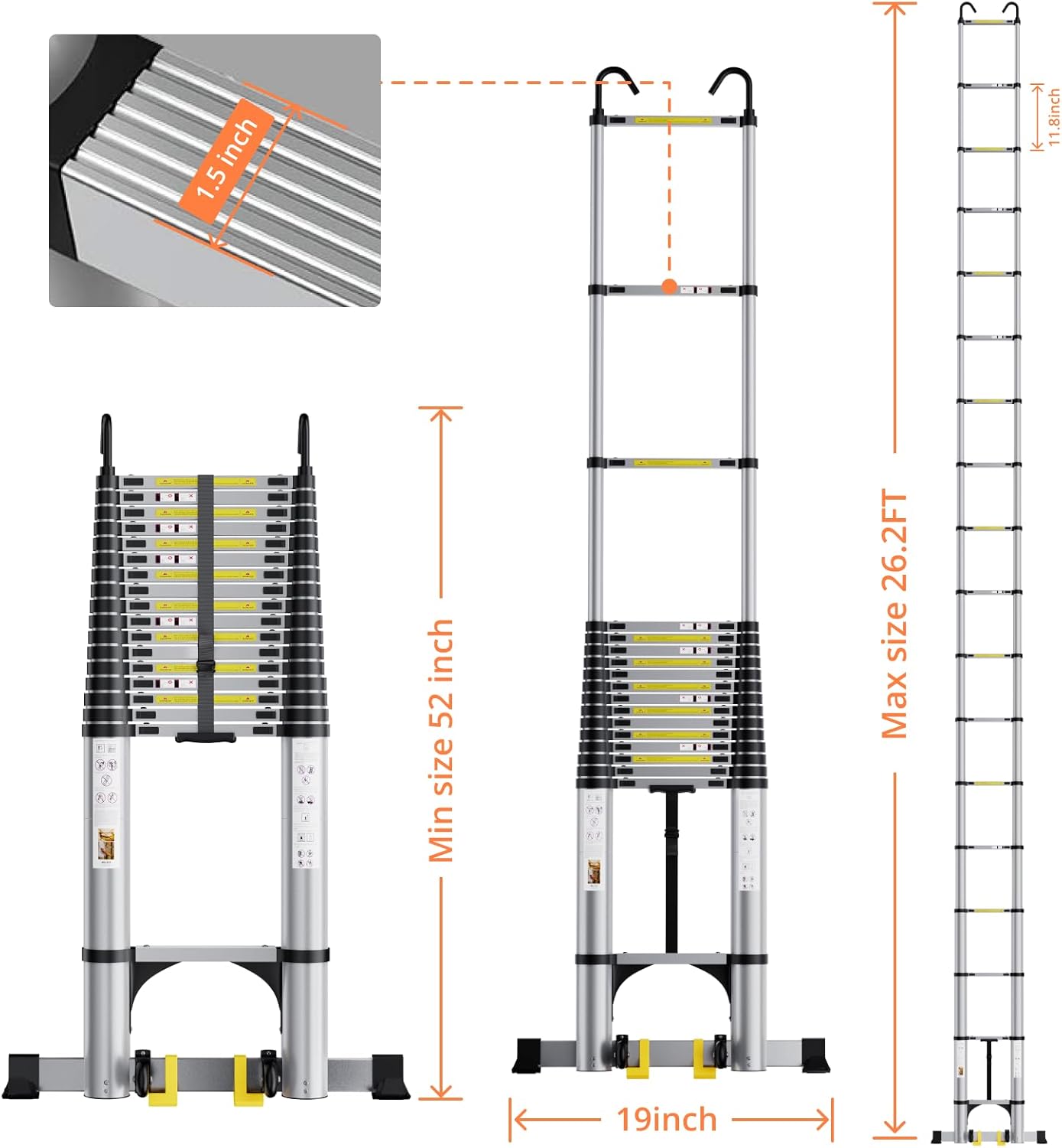 EvaStar Home 26.2FT Telescoping Ladder, Aluminum Lightweight Extension Ladder w/Triangle Stabilizer, Stabilizer Bar & Wheels, 330lbs Capacity Collapsible Ladders for Home & Outdoor