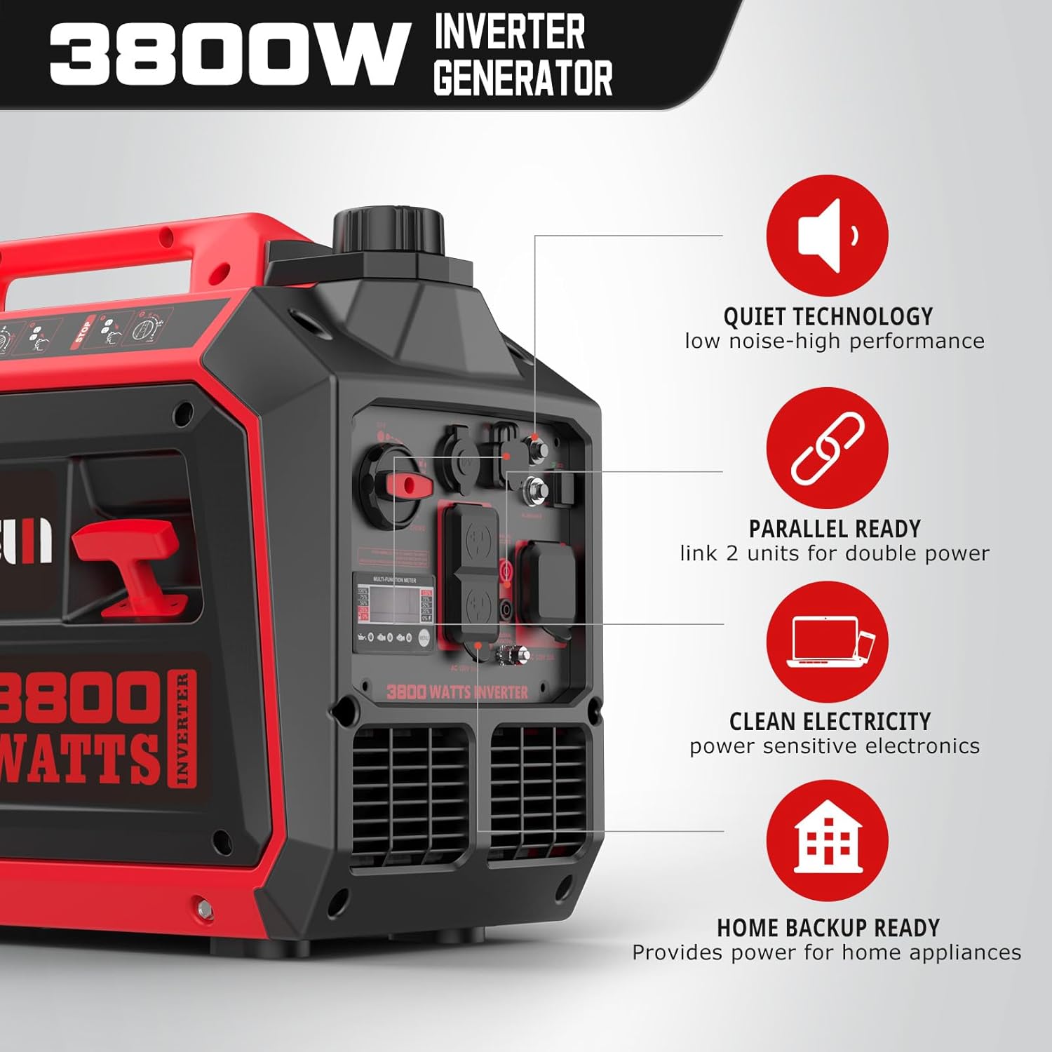 Amerisun Portable Inverter Generator 3800W Gas Powered, Long Runtime Gas Generator for Camping, Tailgating, Home Emergency Use, EPA Compliant