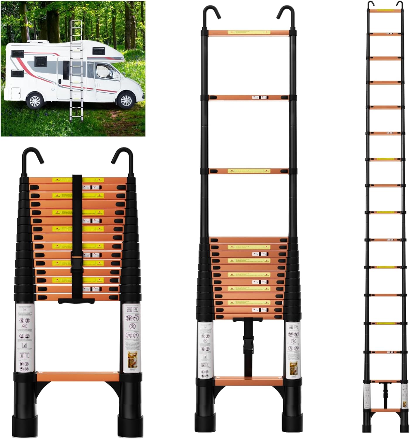 EvaStar Home 12.5FT Telescoping Ladder, Aluminum Lightweight Extension Ladder w/Hooks & Stabilizers, 330lbs Capacity Collapsible Ladders, Telescopic Ladder for Home, Outdoor, RV