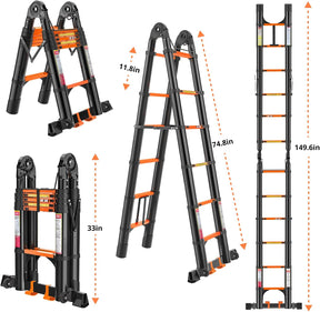 EvaStar Home 12.5FT A Frame Telescoping Ladder, Lightweight Aluminum Telescopic Ladders w/Triangle Stabilizers, Stabilizer Bar & Wheels, 330lbs Capacity Extension Ladder for Home, Outdoor