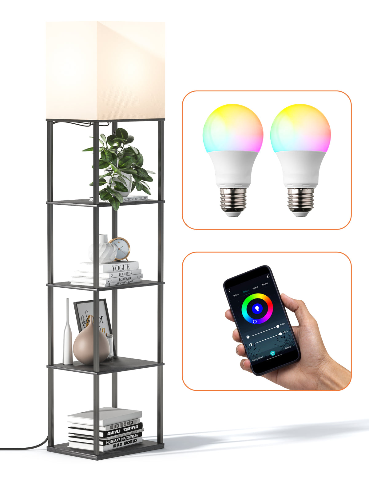 Floor Lamp with Shelves NB-DL005, 5-Tier Modern Shelf Floor Lamp with 2 RGB Bulb, Tall Standing Lamp with 3 Charging Ports for Bedroom