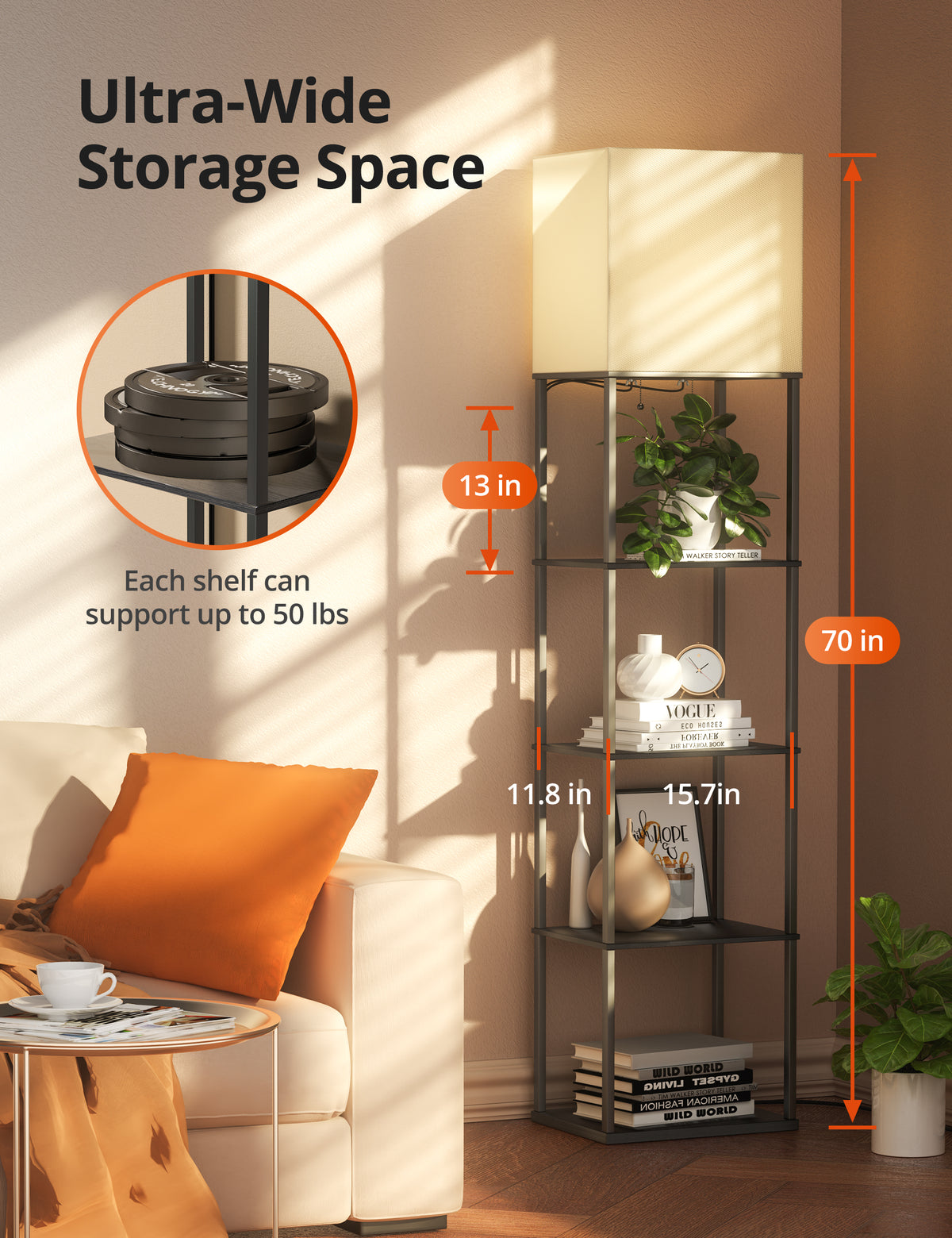 Floor Lamp with Shelves NB-DL005, 5-Tier Modern Shelf Floor Lamp with 2 RGB Bulb, Tall Standing Lamp with 3 Charging Ports for Bedroom