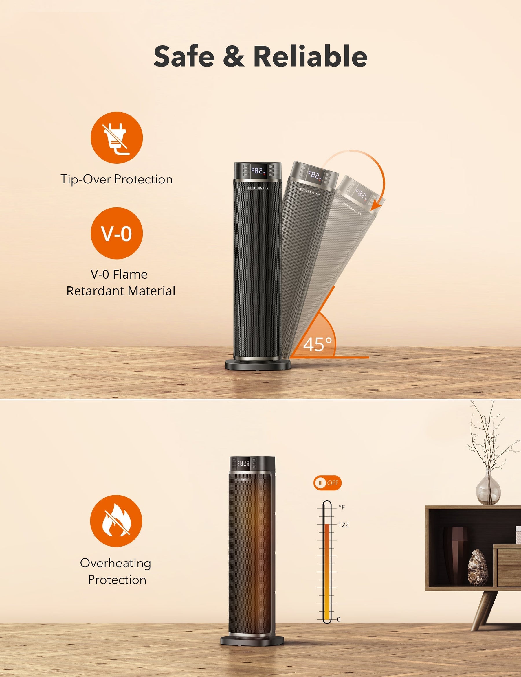 TaoTronics HE003 Electric Space Heater, Ceramic Tower Heater with Eco Mode WM