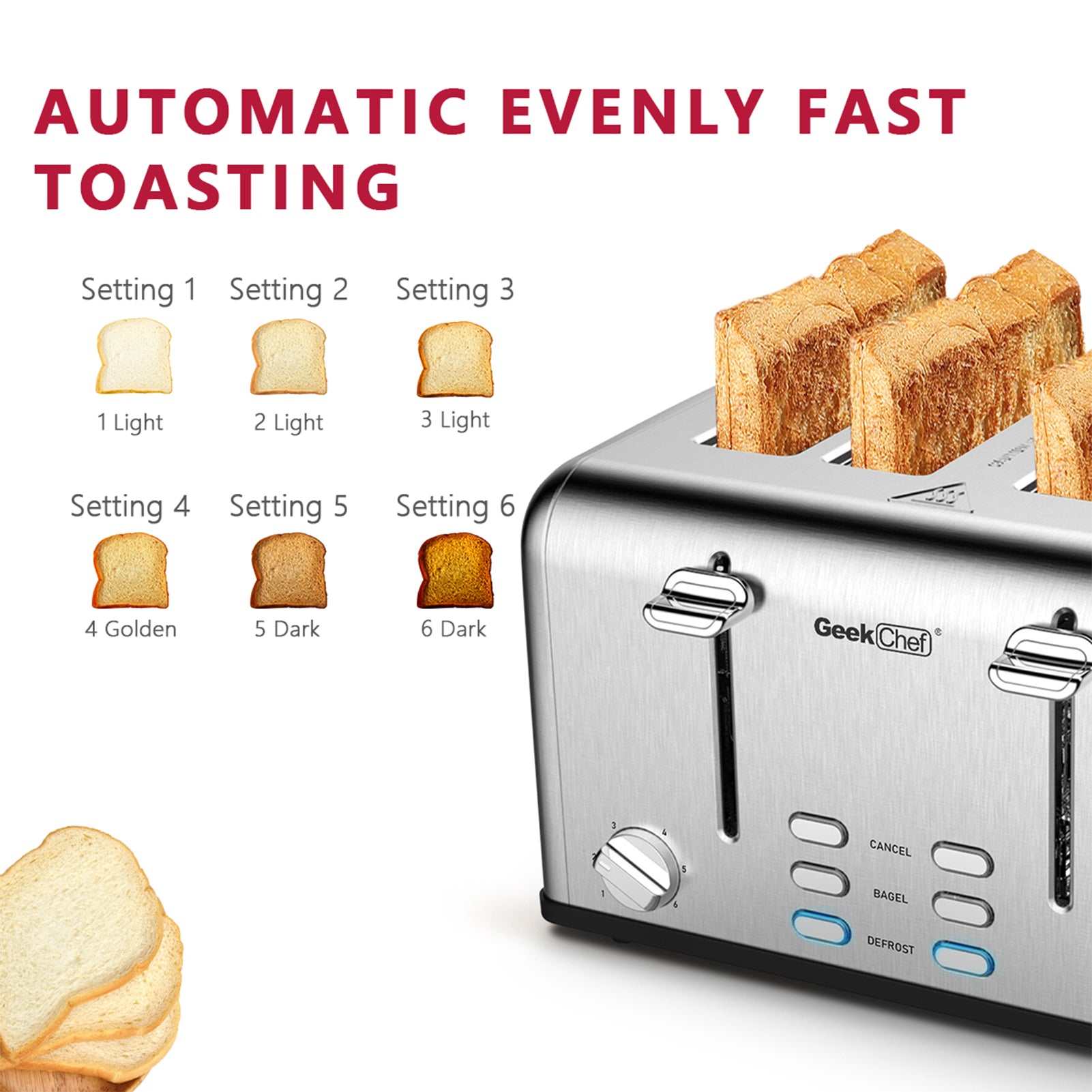 Large Stainless Steel 4 Slice Toaster Extra Wide Slots Bread with Warmer  Heat