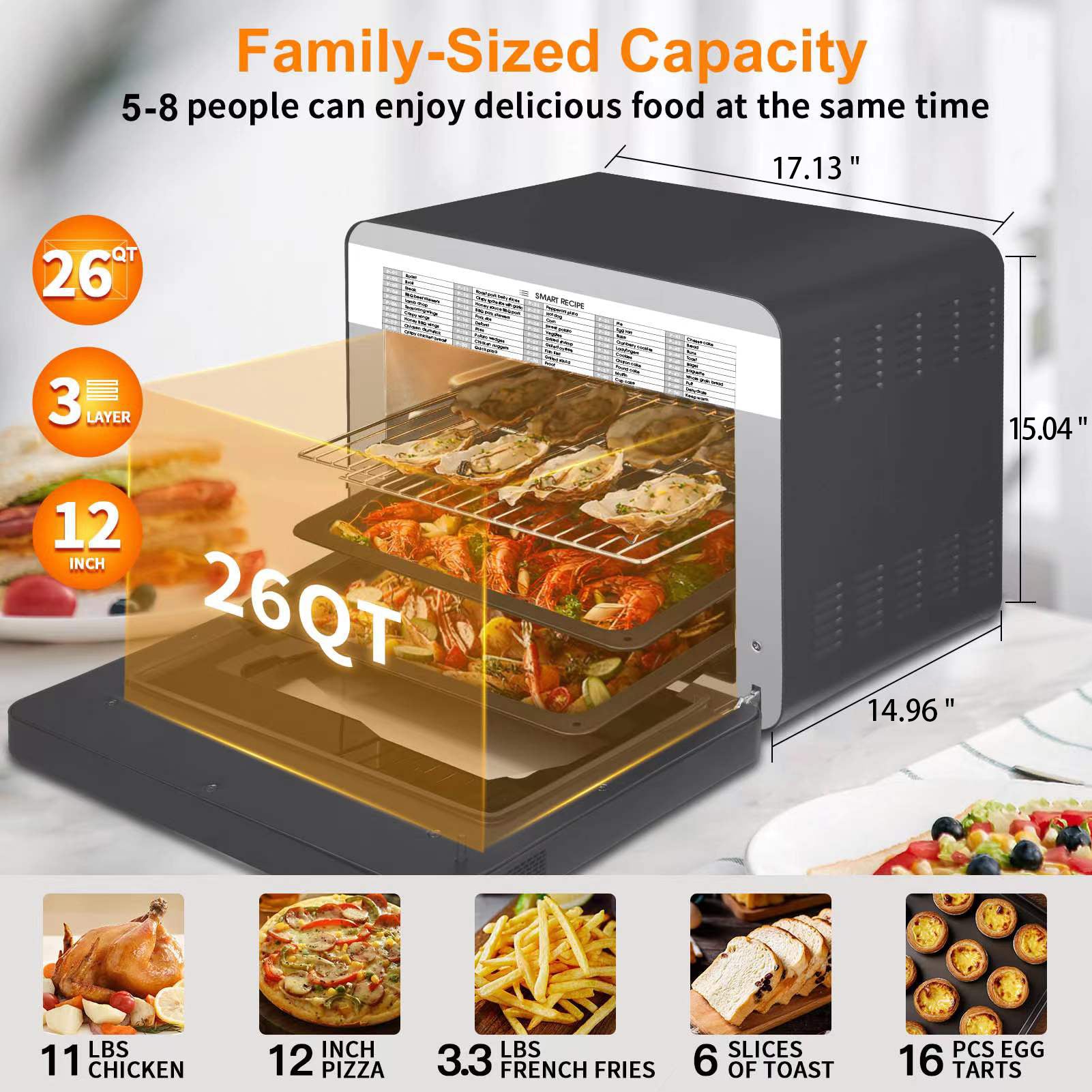 1500W Power Small Air Fryer Toaster Oven Combo for Chicken, Pizza