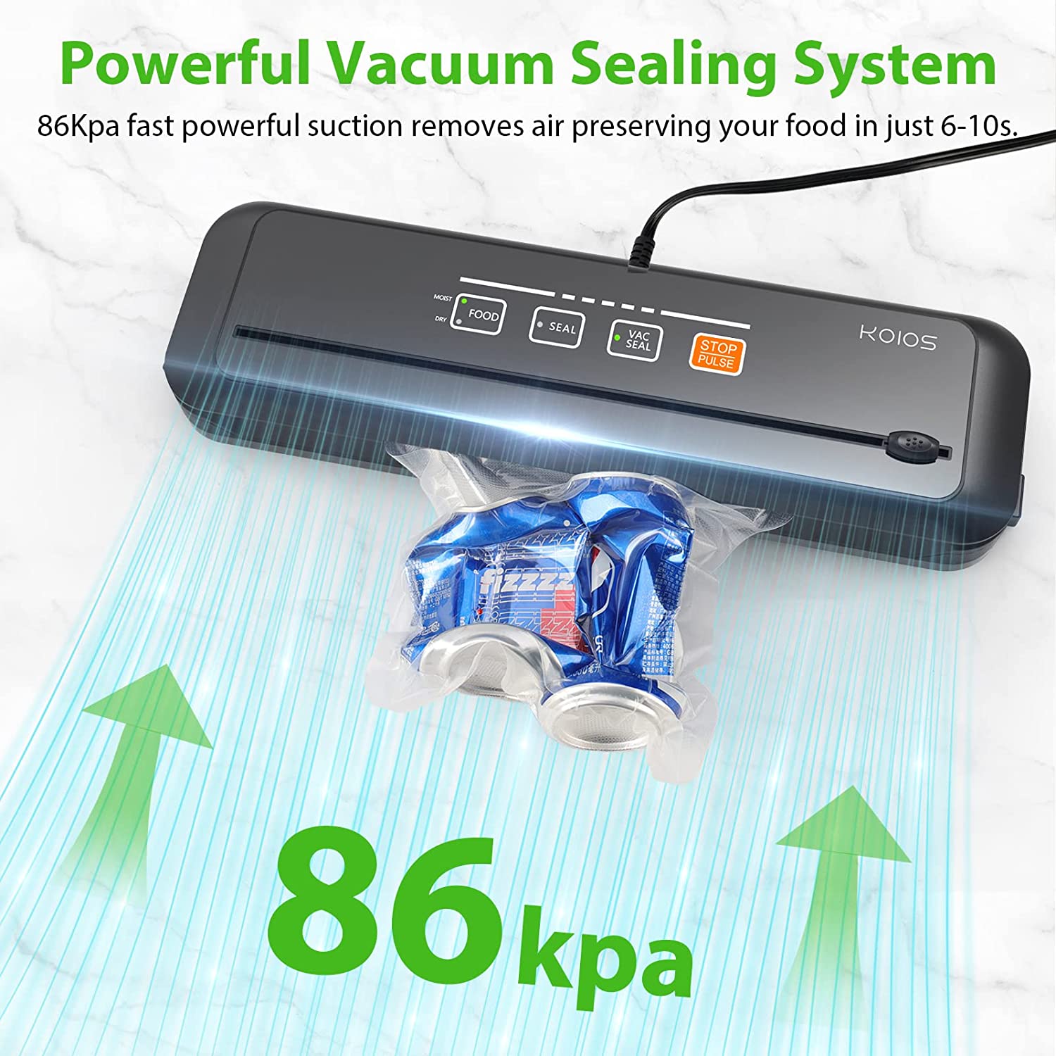  Vacuum Sealer Machine, KOIOS Automatic Food Sealer with Cutter,  Dry & Moist Modes, Compact Design Powerful Suction Air Sealing System with  10 Sealing Bags & Air Suction Hose: Home & Kitchen