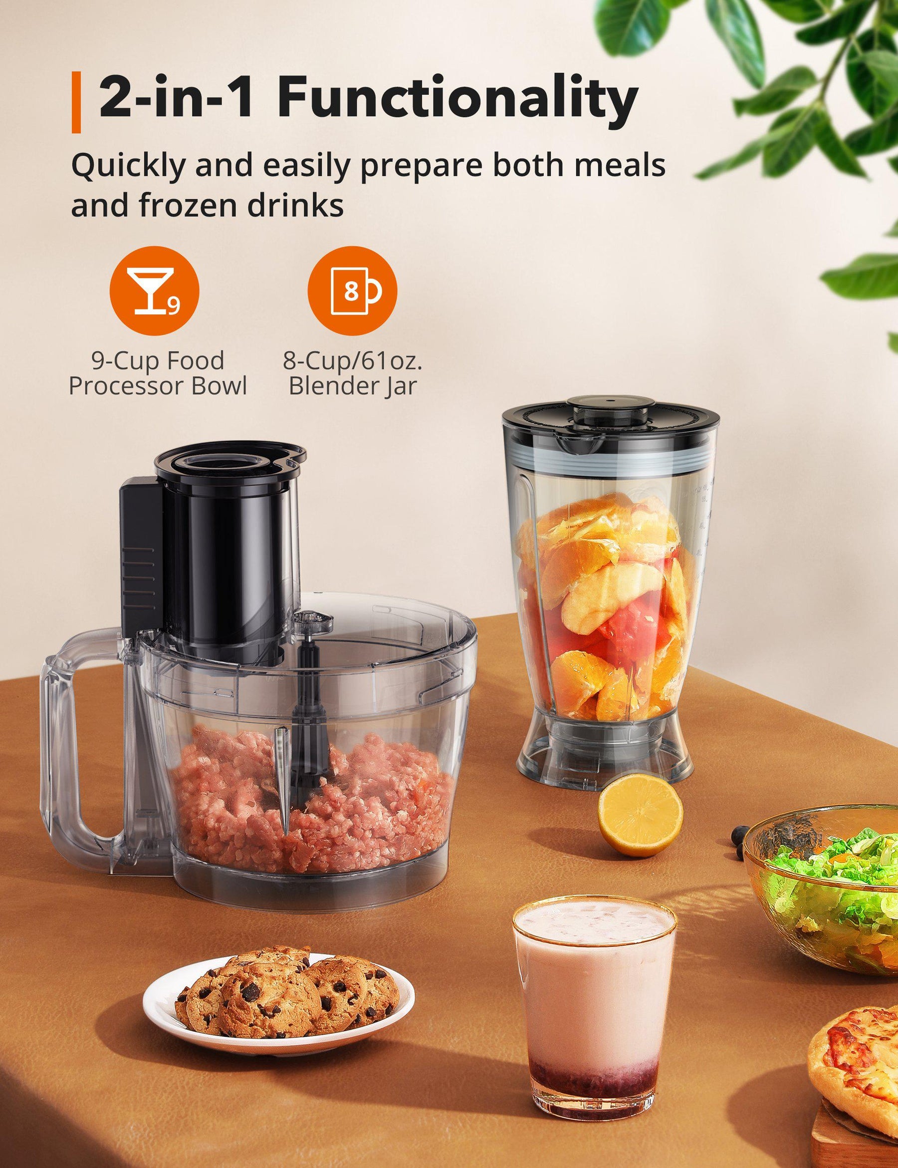 Food Processor and Blender Combo, TaoTronics 1.8L 600W 9-Cup Food Processor  with 61oz. Blender Jar, 2 Speeds and Pulse Function, 2 Reversible Discs and  2 Blades 